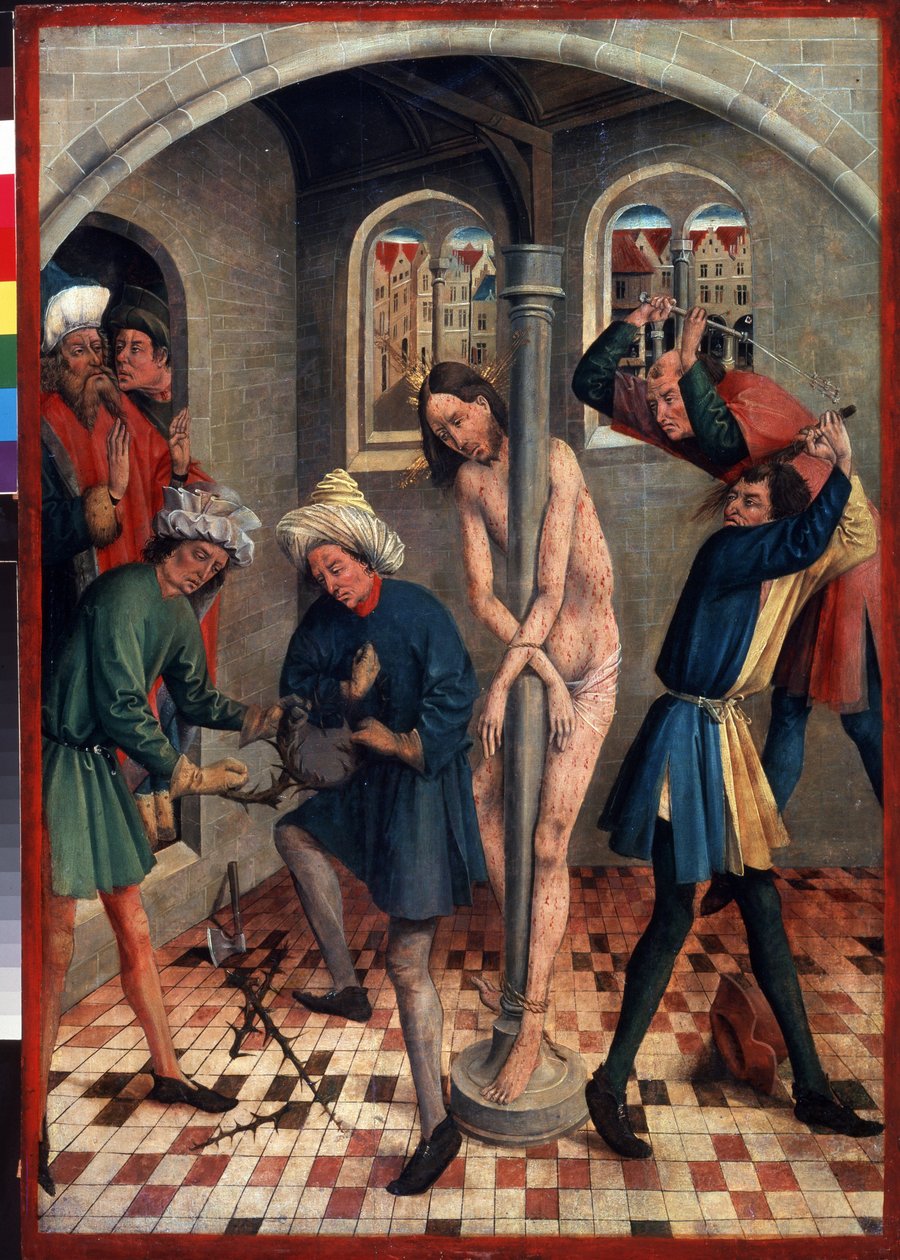 Bičování Krista. Muži tvoří trnovou korunu, zatímco jiní bičují Ježíše připojeného ke sloupu různými biči. Malba Johanna Koerbeckeho (mezi 1415 a 1491), před 1457. Tempera na dřevě. německé umění od Johann Koerbecke