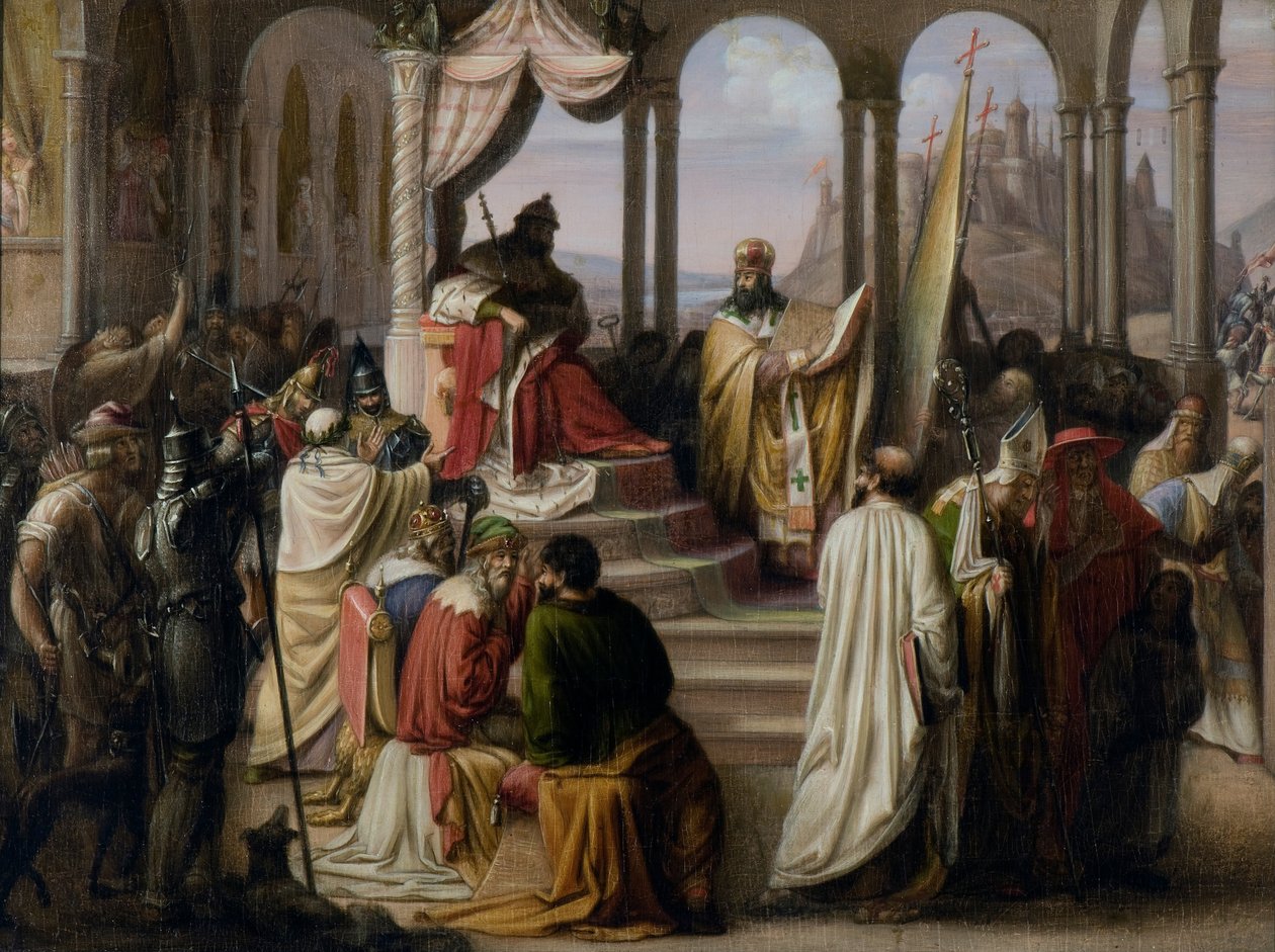 Princ Vladimir si vybírá náboženství v roce 988 Náboženský spor u ruského soudu, 1822 od Johann Leberecht Eggink