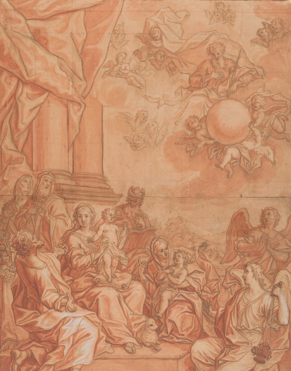 Panna a dítě se svatými a anděly a Bůh Otec na obloze, polovina 18. století. od Johann Lorenz Haid