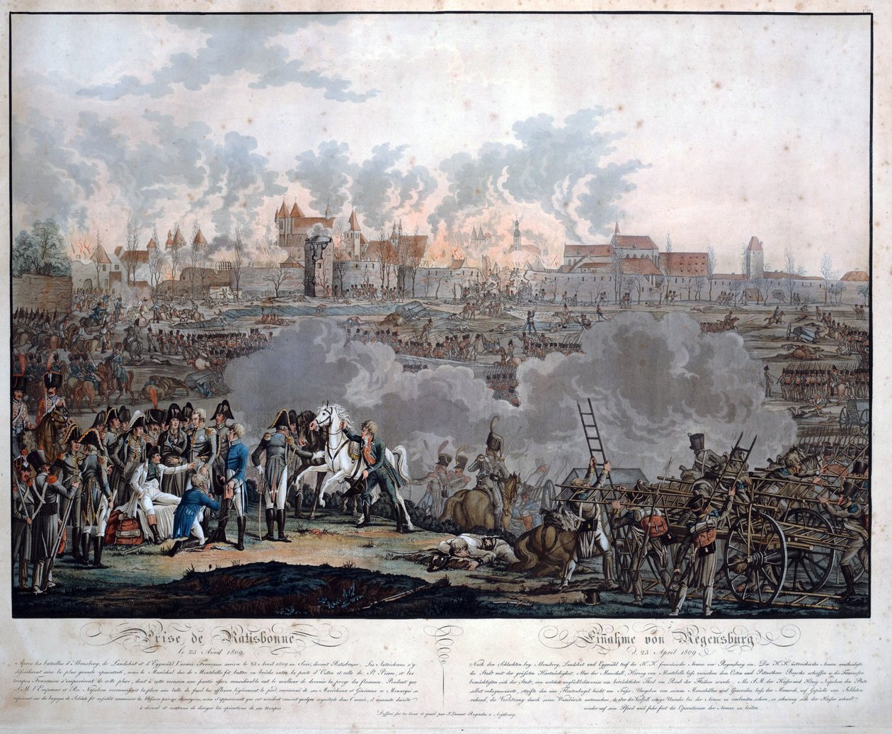 Bitva u Ratisbonu 23. dubna 1809 (bitva u Ratisbonne nebo Regensburgu) - Rugendas, Johann Lorenz, mladší (1775-1826) - 1809 - Aquatint - 54,6x65,4 - Soukromá sbírka od Johann Lorenz Rugendas