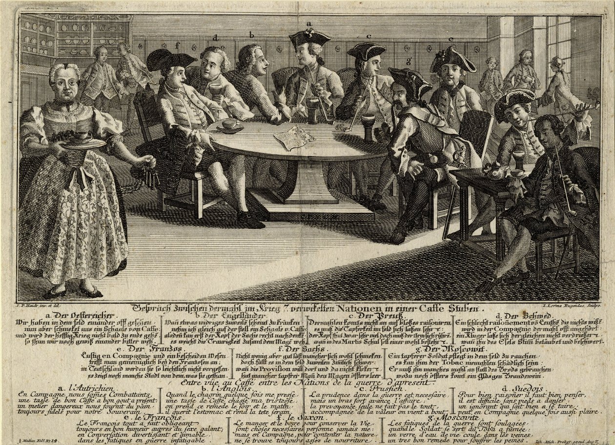 Rozhovor mezi 7 národy zapojenými do války v kavárně, 1757 od Johann Lorenz Rugendas the Elder