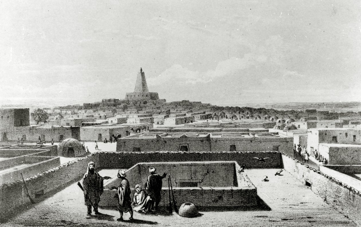 Timbuktu z terasy domu cestovatelů, z „Cesty a objevy v severní a střední Africe“, vydané 1857-58 od Johann Martin Bernatz