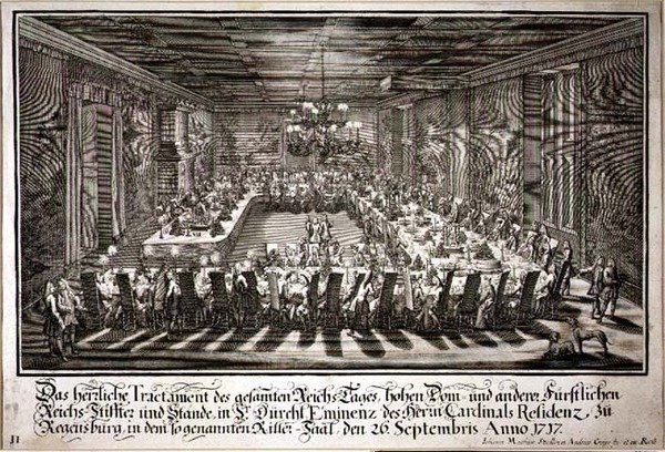 Banket v Králově sále v paláci kardinála v Řezně, 26. září 1717 (rytina) od Johann Matthias and Geyer Andreas Steidlin
