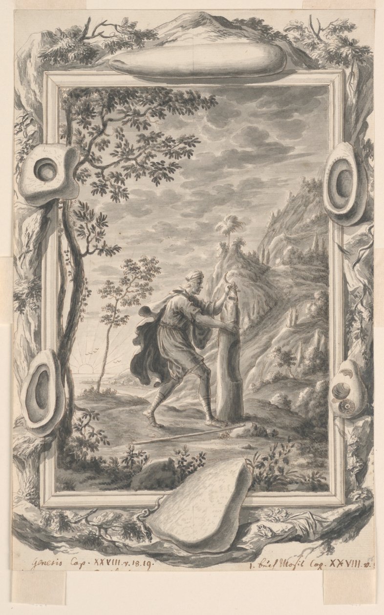 Studie pro Jacoba lije olej na kámen v Bethel, deska 87, Physica Sacra od Johann Melchior Füssli