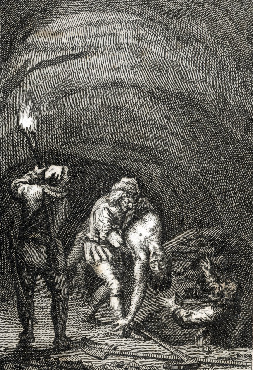 Friisiläisten surmaama hollantilaisen William II:n kuolema, joka hautaa hänet salaa talon lattian alle Kaiverrus Johann Michael Mettenleiter (1765-1853) 1800 Yksityinen kokoelma od Johann Michael Mettenleiter