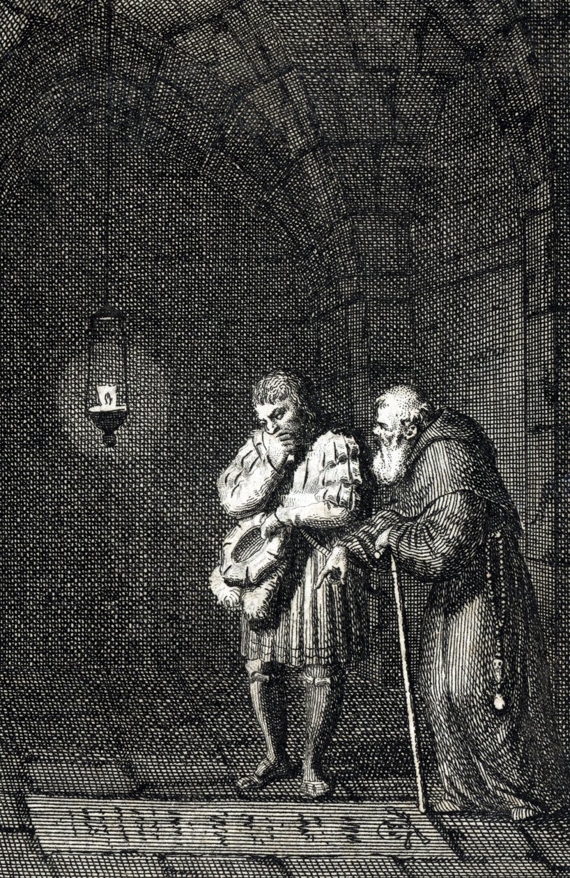 Císař Karel IV. (1346-1378) sbírá na hrobě Widukinda Saského (nebo Wittekinda Saského) Engerské Německo v roce 1377 (Karel IV., císař Svaté říše římské u hrobu Widukinda (Widuking nebo Wittekind) v Engeru, Německo) Rytina od Johanna Michaela Me od Johann Michael Mettenleiter