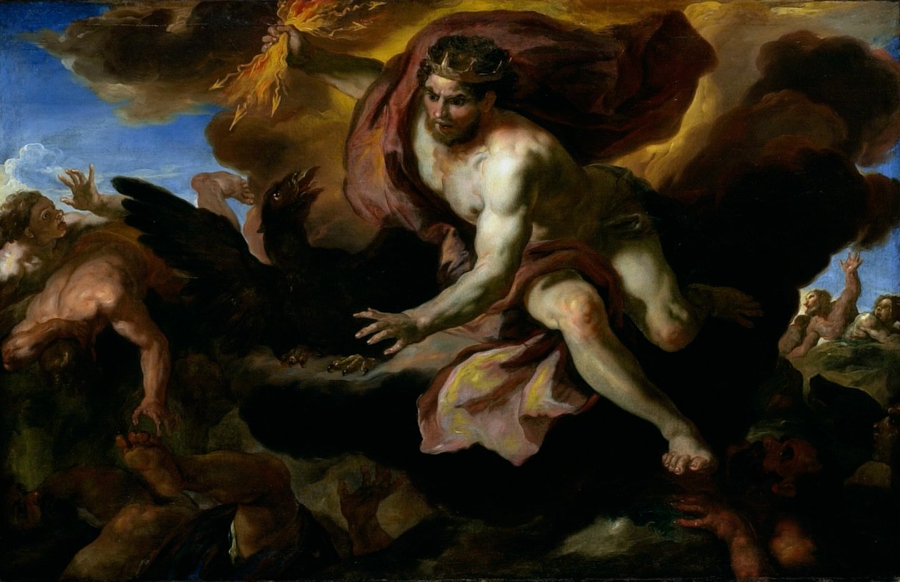 Jove vrhá své Thunderbolty na Rebellious Giants od Johann Michael Rottmayr
