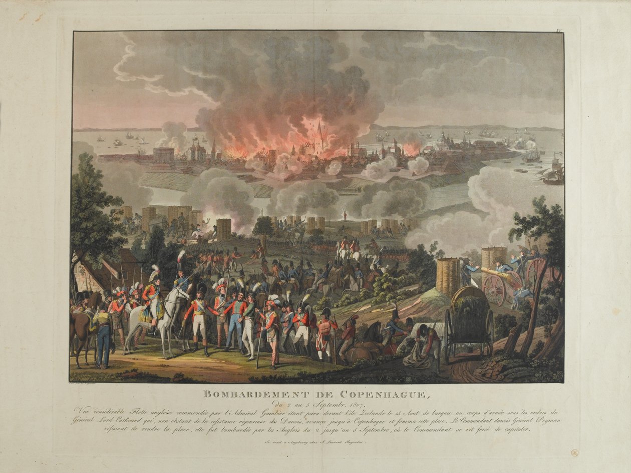 Bombarding of Copenhagen, 2.-5. září 1807, barevná akvatinta od J. Laurenta Rugendase a po něm, publikoval J. Laurent Rugendas, Augsburg, 1807 od Johann Moritz Rugendas