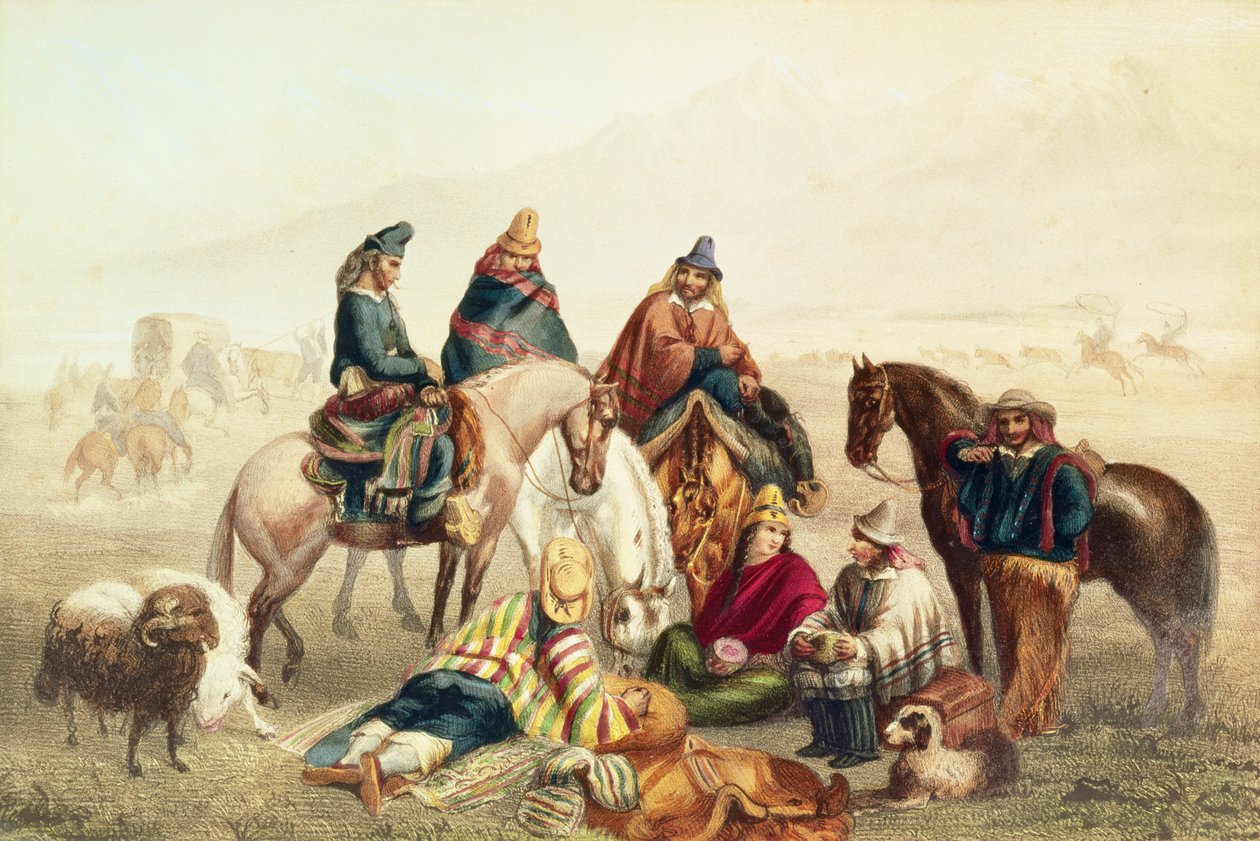 Kroje chilských venkovanů, ilustrace z knihy "Historia de Chile" od Claudia Gaye, vyryl Laemlein, 1854 od Johann Moritz Rugendas