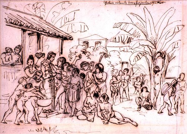 Indiáni na návštěvě panství, Brazílie, kolem roku 1825 (pero a hnědý inkoust přes tužku) od Johann Moritz Rugendas