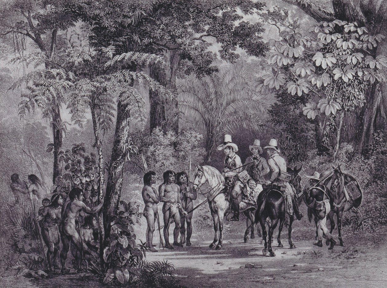 Setkání indiánů s evropskými badateli z „Malebné plavby do Brazílie“ od Johann Moritz Rugendas
