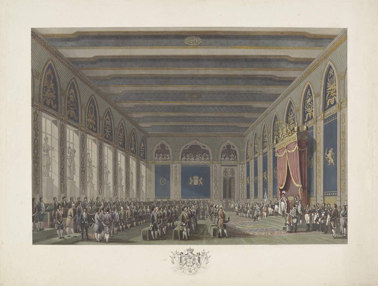 Instituce generálních států králem Vilémem I. v Bruselu dne 21. září 1815 Dvanáct desek z příjezdu a inaugurace Viléma I. v Bruselu a bitev u Quatre-Bras a Waterloo v roce 1815 (název série) od Johann Nepomuk Gibèle (possibly)