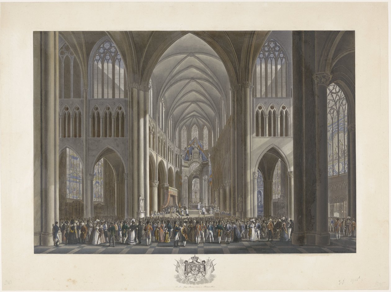 Požehnání krále Viléma I. v kostele Saint Gudula v Bruselu 21. září 1815 Dvanáct desek z příjezdu a inaugurace Viléma I. v Bruselu a bitev u Quatre-Bras a Waterloo v roce 1815 (název série) od Johann Nepomuk Gibèle (possibly)