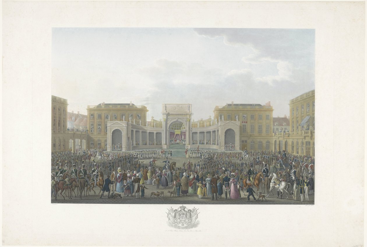 Inaugurace Viléma I. v Bruselu 21. září 1815 Dvanáct desek z příjezdu a inaugurace Viléma I. v Bruselu a bitev u Quatre-Bras a Waterloo v roce 1815 (název série) od Johann Nepomuk Gibèle