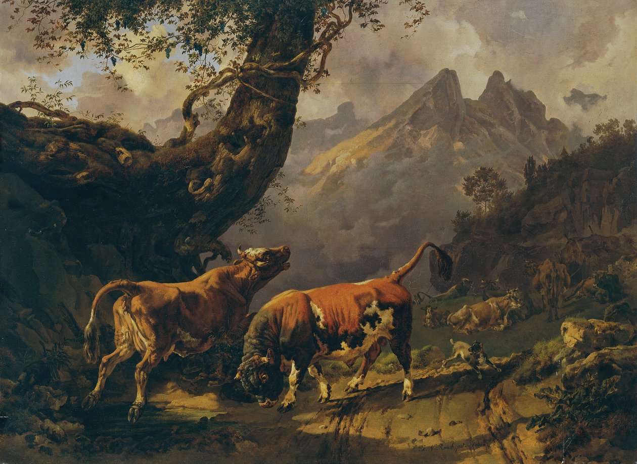 Býk honí krávu, v pozadí krajiny poblíž Carrara od Johann Nepomuk Rauch