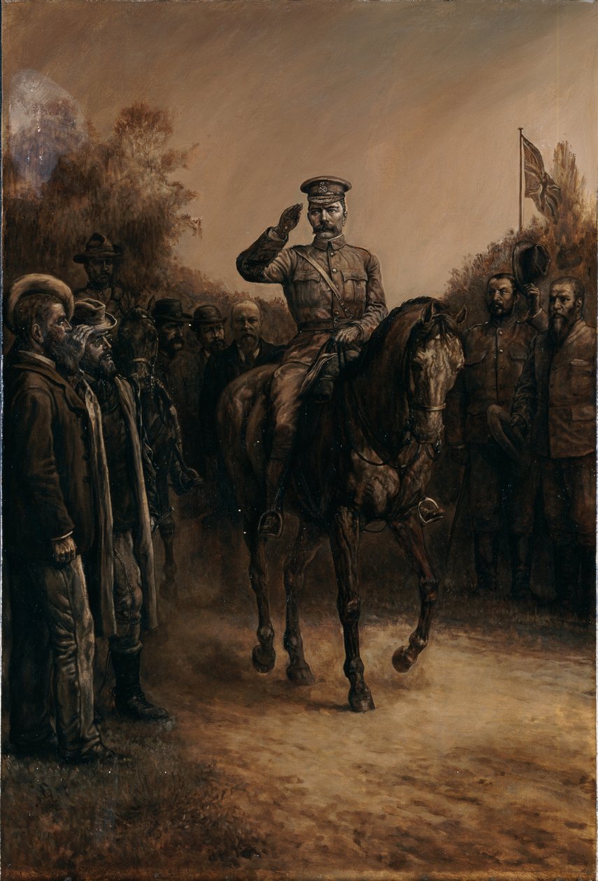 Generál Lord Kitchener zasalutuje, když projíždí kolem búrských vůdců, kteří stojí a smekají klobouky, 1902 od Johann Nepomuk Schonberg