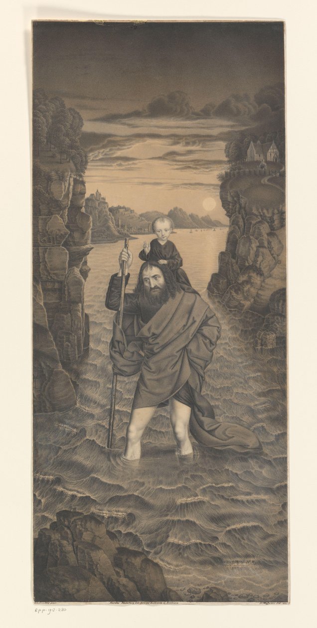 Svatý Kryštof překračuje řeku s Kristovým dítětem na ramenou Díla ze sbírky bratří Boisserée (název série) Galerie des Frères Boisserée (název série) od Johann Nepomuk Strixner