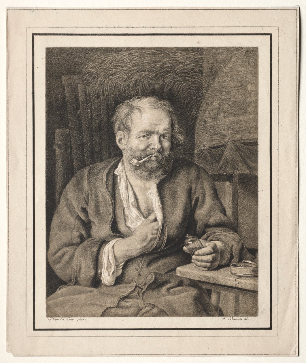 Sedlák sedí u stolu, kouří dýmku, 1817-1821. od Johann Nepomuk Strixner
