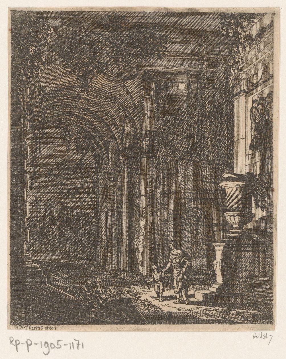 Dvě postavy osvětlují starověké ruiny s pochodní Starověké ruiny a budovy (název série) Alcune Inventione de Ruini et Architectura (...) (název série) od Johann Oswald Harms