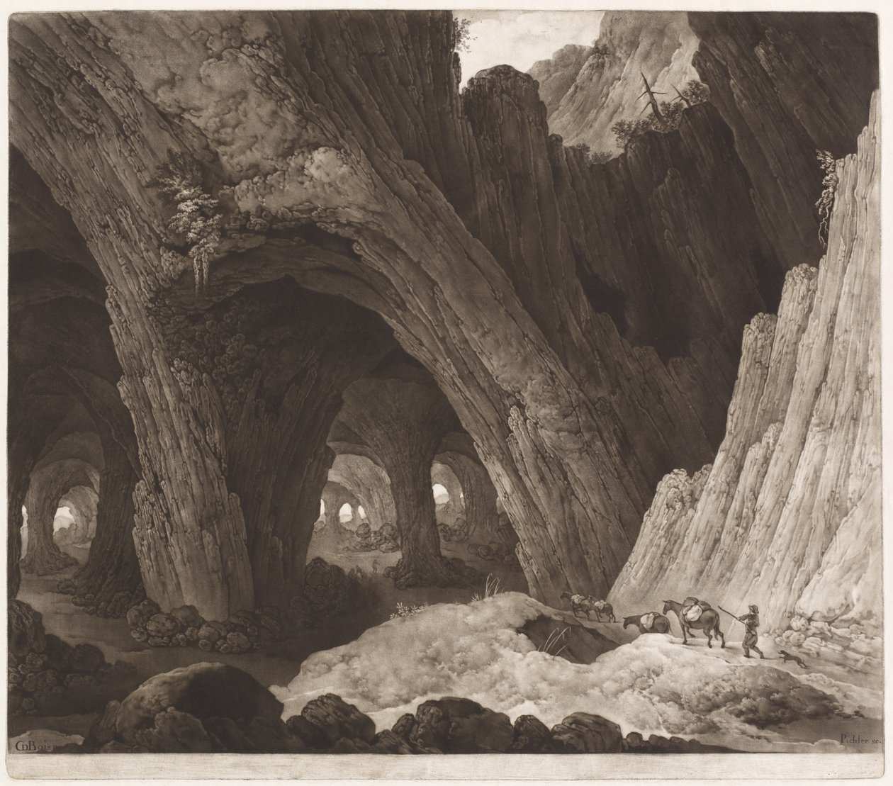 Cestovatelé odpočívající v gigantických jeskyních od Johann Peter Pichler, after Guillam Dubois