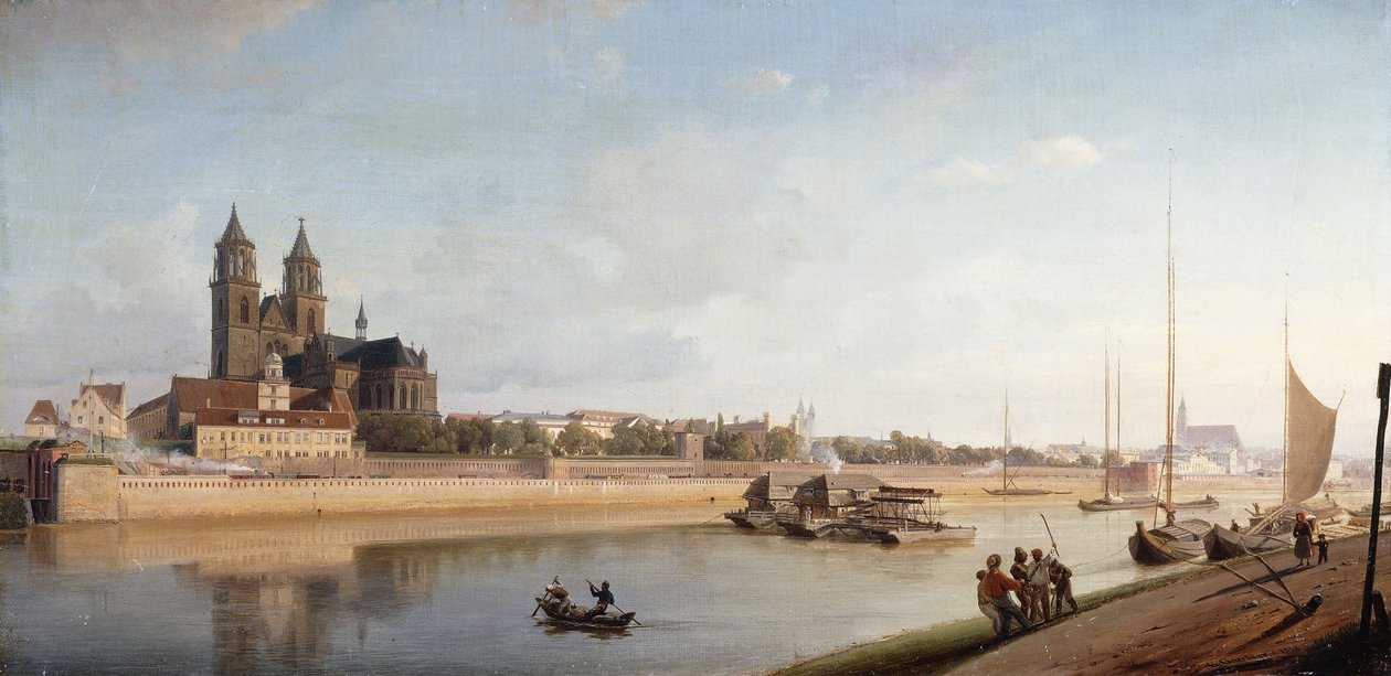 Magdeburg na břehu řeky Labe - pohled od východu na západ; Magdeburg na Labi; Pohled od východu na západ, 1853 od Johann Philipp Eduard Gartner