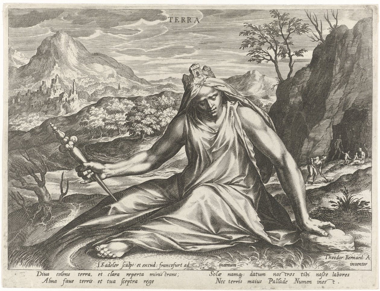 Země zosobněná bohyní Cybele Terra (název na objektu) Čtyři živly jako mytologické postavy (název série) od Johann Sadeler (I)