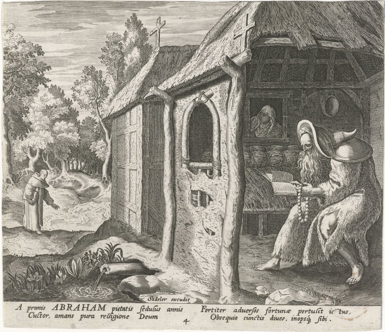 Abraham z Edessy jako poustevník Mužští poustevníci (název série) Solitudo Sive Vitae Patrum Eremicolarum (název série) od Johann Sadeler (I)