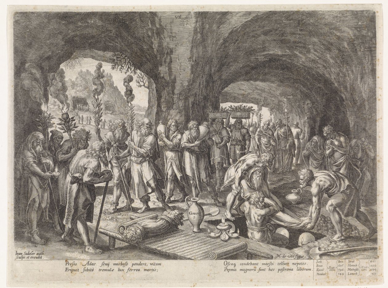 Pohřeb Adama Historie Setovy rodiny / Posuzování dobra a zla (název série) Bonorum et Malorum consensio (název série) od Johann Sadeler (I)
