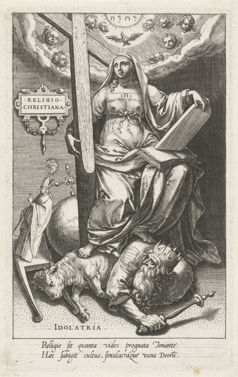 Křesťanské náboženství (Religio Christiana) překonává modloslužbu (Idolatria) Náboženství Christiana (titul na předmětu) Ctnosti dobývají neřesti (název série) od Johann Sadeler (I)