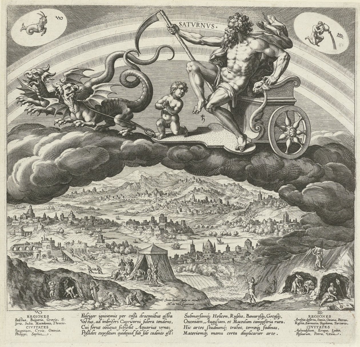 Planeta Saturnus en zijn ovlivňuje op de wereld Sedm planet (název série) Účinky planet a jejich znamení ve zvěrokruhu (název série) od Johann Sadeler (I)