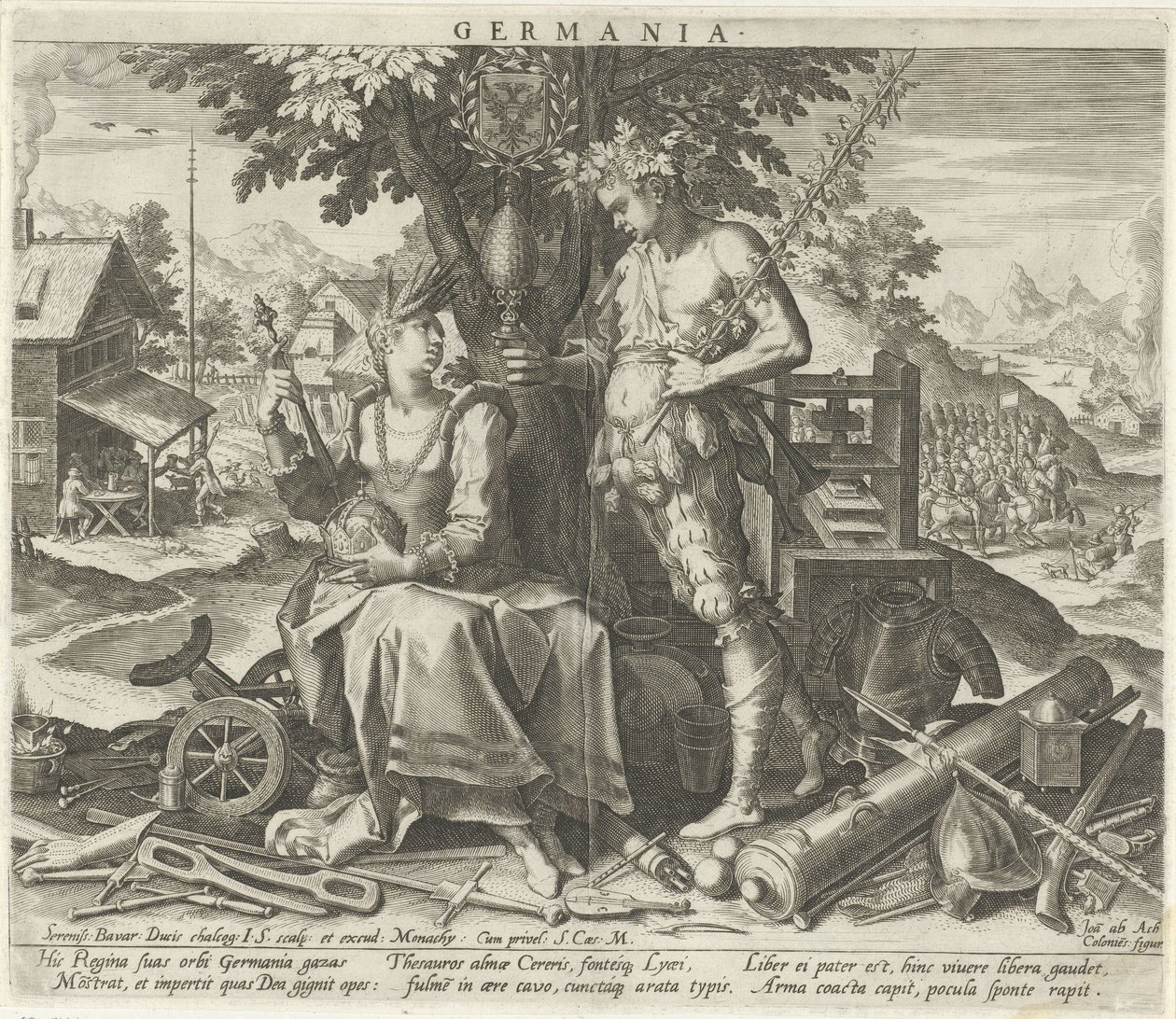 Německo s Ceres a Bacchus Germania (název na objektu) Alegorická zobrazení evropských zemí (název série) od Johann Sadeler (I)