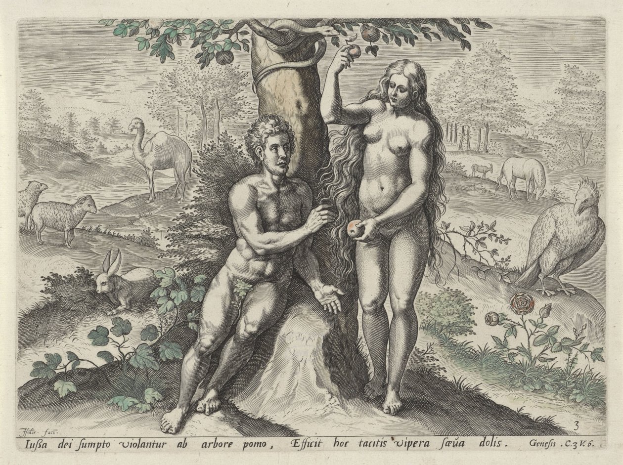 Eva svádí Adama Mužský pád (název seriálu) od Johann Sadeler (I)