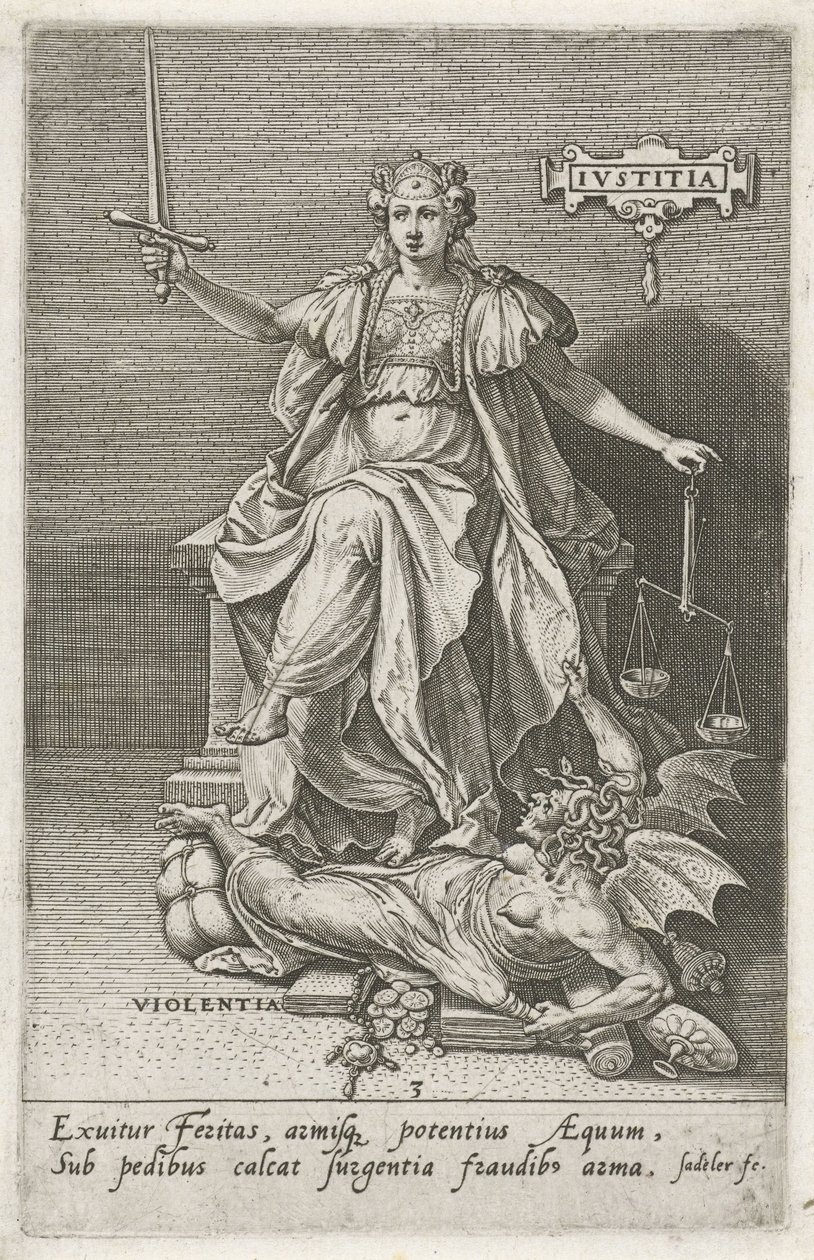Spravedlnost (Justitia) vítězí nad násilím (Violentia) Spravedlnost (titul na předmětu) Ctnosti dobývají neřesti (název série) od Johann Sadeler (I)