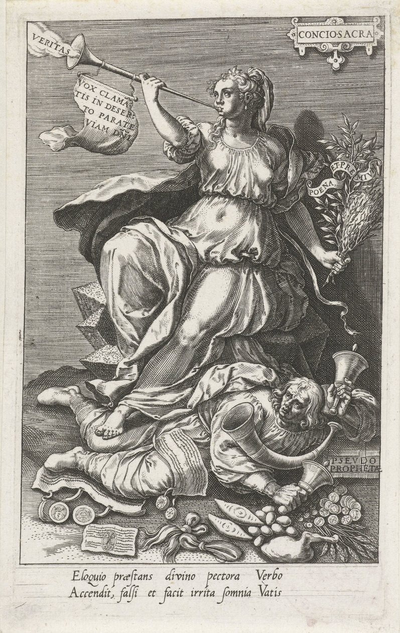 Svědomí (Conciosacra) vítězí nad falešnými proroky (Pseudo prophetae) Conciosacra (titul na předmětu) Ctnosti dobývají neřesti (název série) od Johann Sadeler (I)