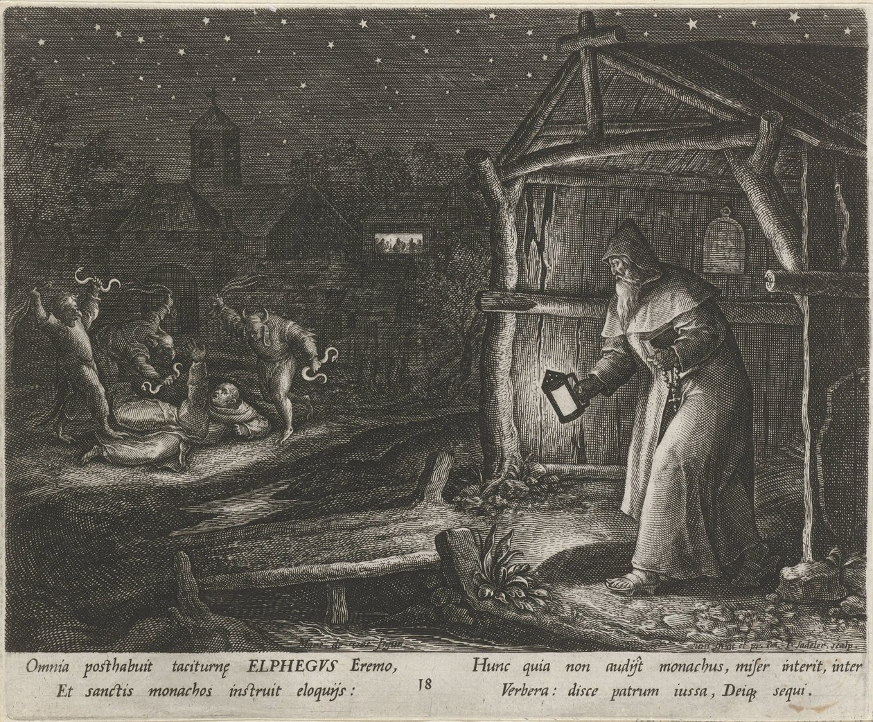 Svatý Alfegus z Canterbury jako poustevník Ctnostný život poustevníků (název série) Trophaeum vitae solitariae (název série) od Johann Sadeler (I)