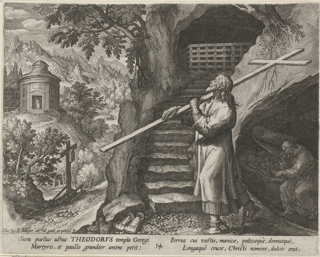 Svatý Theodore Tiro jako poustevník Ctnostný život poustevníků (název série) Trophaeum vitae solitariae (název série) od Johann Sadeler (I)