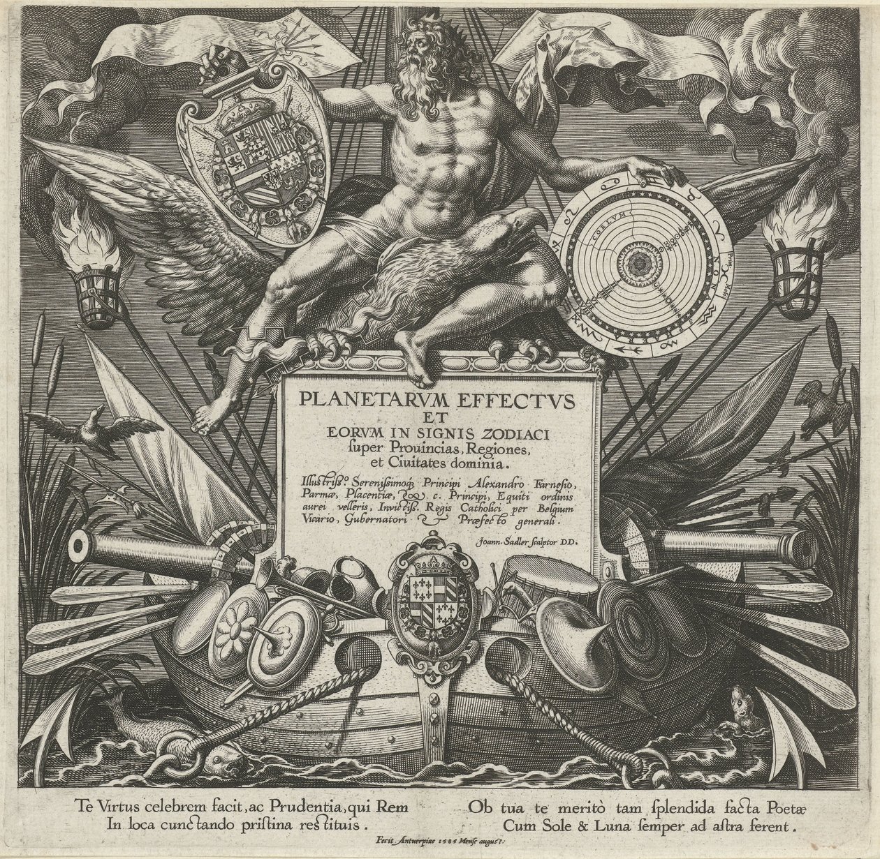 Jupiter en een oorlogsschip se setkal s wapen van Alessandro Farnese Titelprent van een prentserie over de influence van de planeten over streken Účinky planet a jejich znamení ve zvěrokruhu (název série) Planetární efektvs a eorvm ve znameních zvěrokruhu  od Johann Sadeler (I)