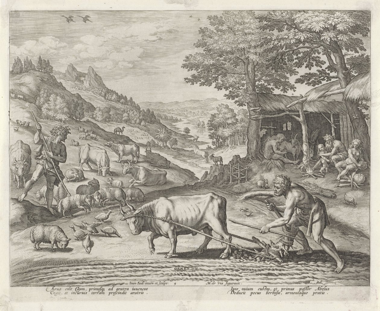 Kain a Ábel jako farmář a pastýř Historie Kainovy ​​rodiny / O dobrých a špatných dílech (název série) Boni et mali scientia (název série) od Johann Sadeler (I)
