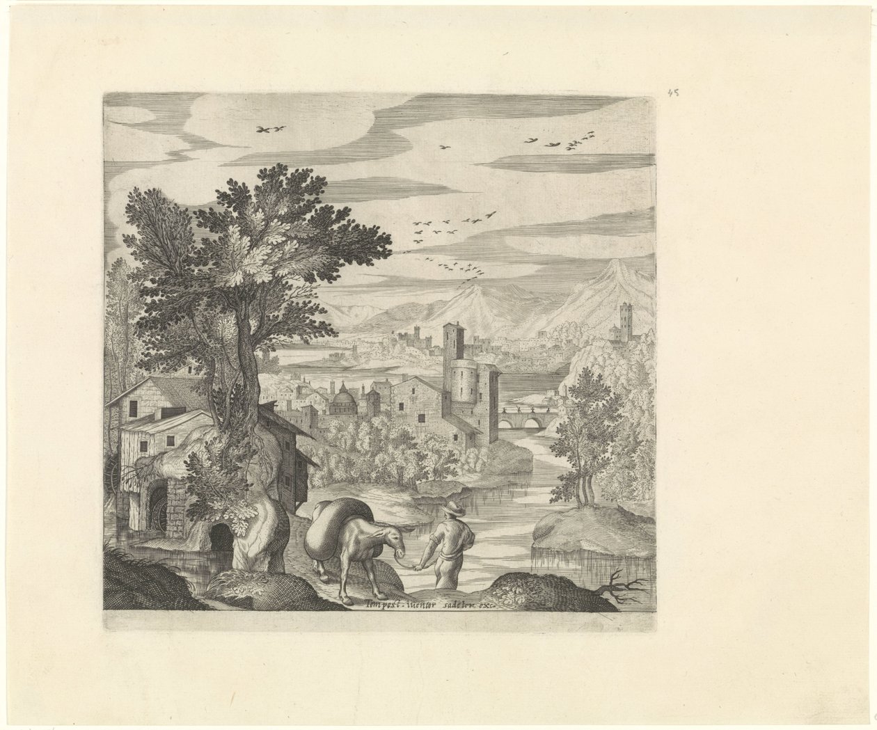 Krajina s farmářem a jeho oslem Italské krajiny (název série) od Johann Sadeler (I)