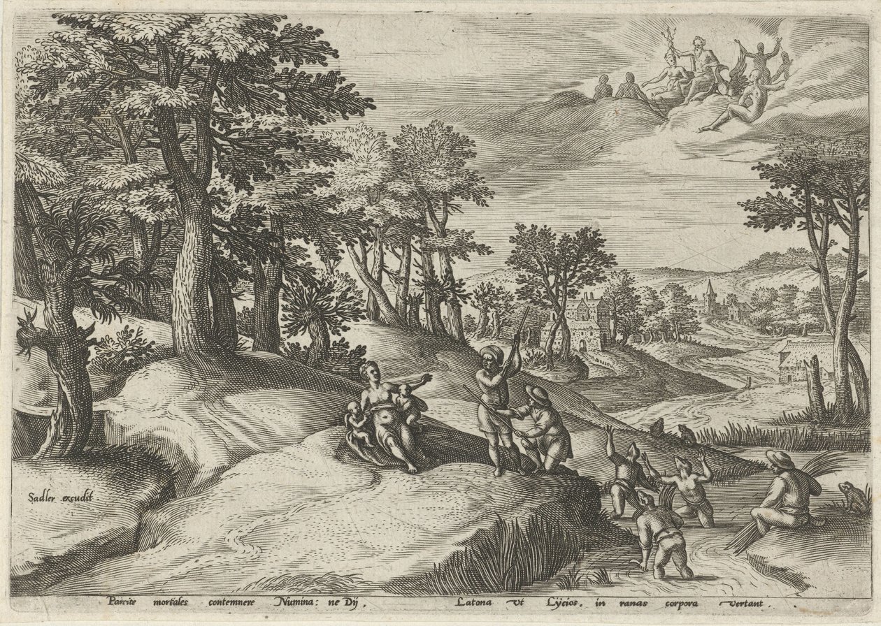 Leto (Latona) promění Lyciany v žáby Krajiny s mytologickými scénami (název série) od Johann Sadeler (I)