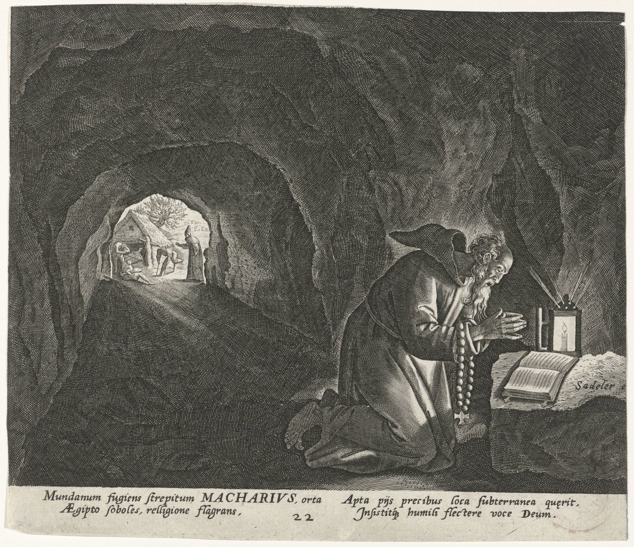 Makarius Egyptský jako poustevník Mužští poustevníci (název série) Solitudo Sive Vitae Patrum Eremicolarum (název série) od Johann Sadeler (I)