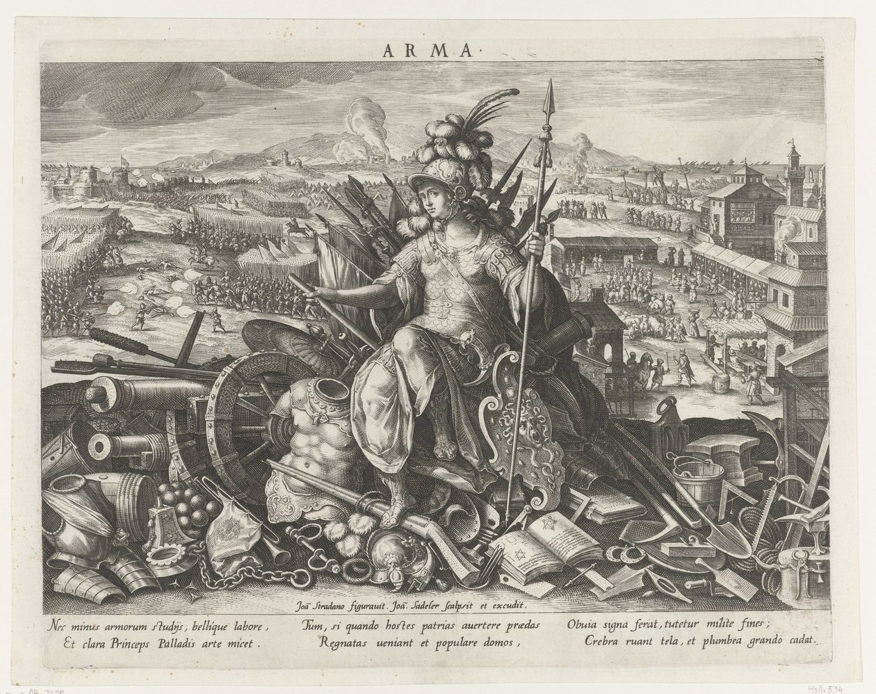 Minerva jako patronka bojového umění Arma (název na objektu) Hlavní činnosti prince (název série) Schema, seu speculum principum (název série) od Johann Sadeler (I)