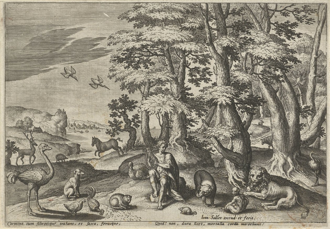 Orpheus, dělá hudbu pro zvířata Krajiny s mytologickými scénami (název série) od Johann Sadeler (I)