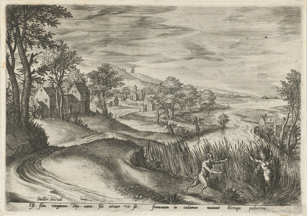 Pan pronásleduje nymfu Syrinx Krajiny s mytologickými scénami (název série) od Johann Sadeler (I)