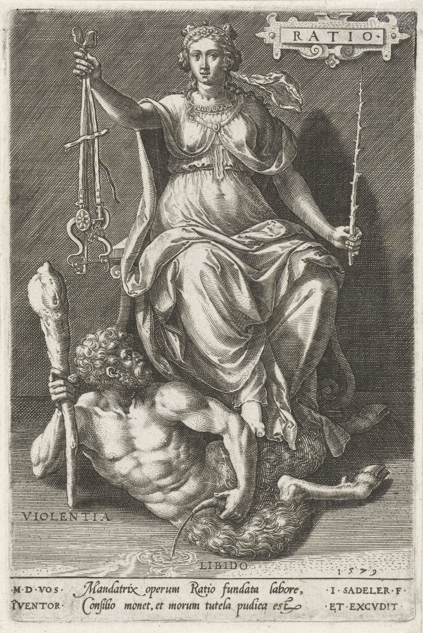 Rozum (Ratio) překonává Violentia (Violentia) Poměr (název na objektu) Ctnosti dobývají neřesti (název série) od Johann Sadeler (I)