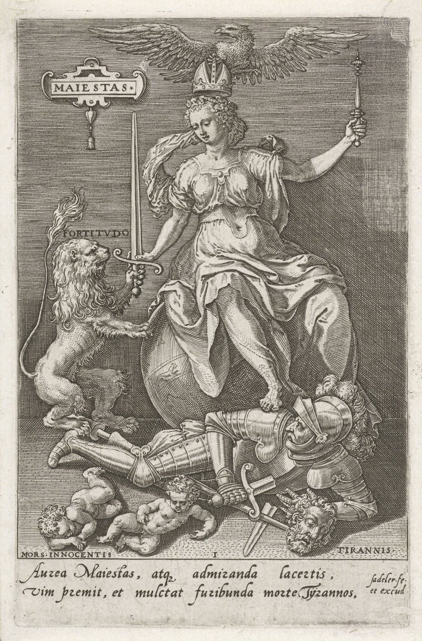 Důstojnost (Majestas) překonává Tyranii (Tyrannis) Maiestas (název na objektu) Ctnosti dobývají neřesti (název série) od Johann Sadeler (I)