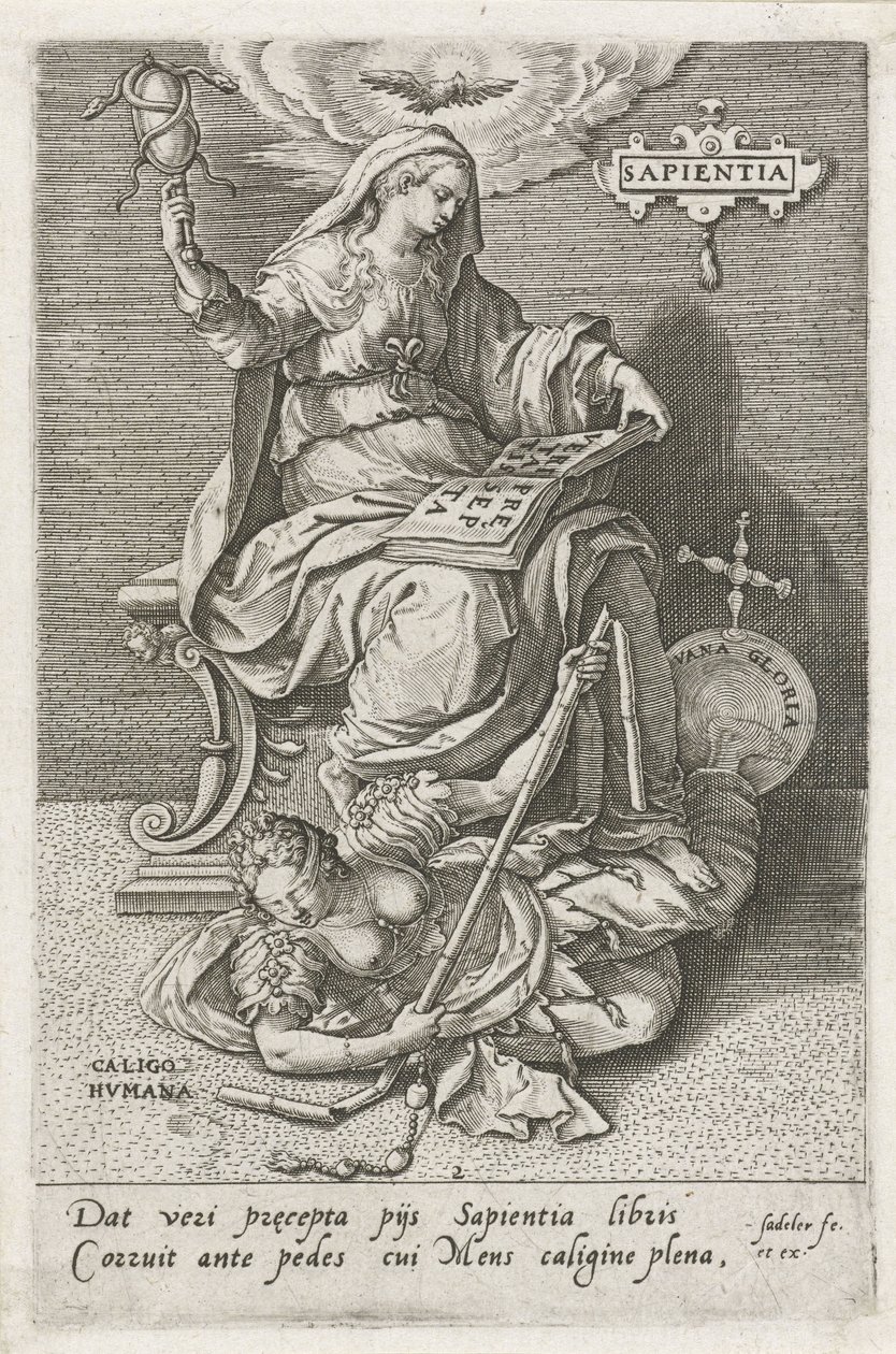 Moudrost (Sapientia) překonává lidské zmatení (Caligo Humana) sapientia (název na objektu) Ctnosti dobývají neřesti (název série) od Johann Sadeler (I)