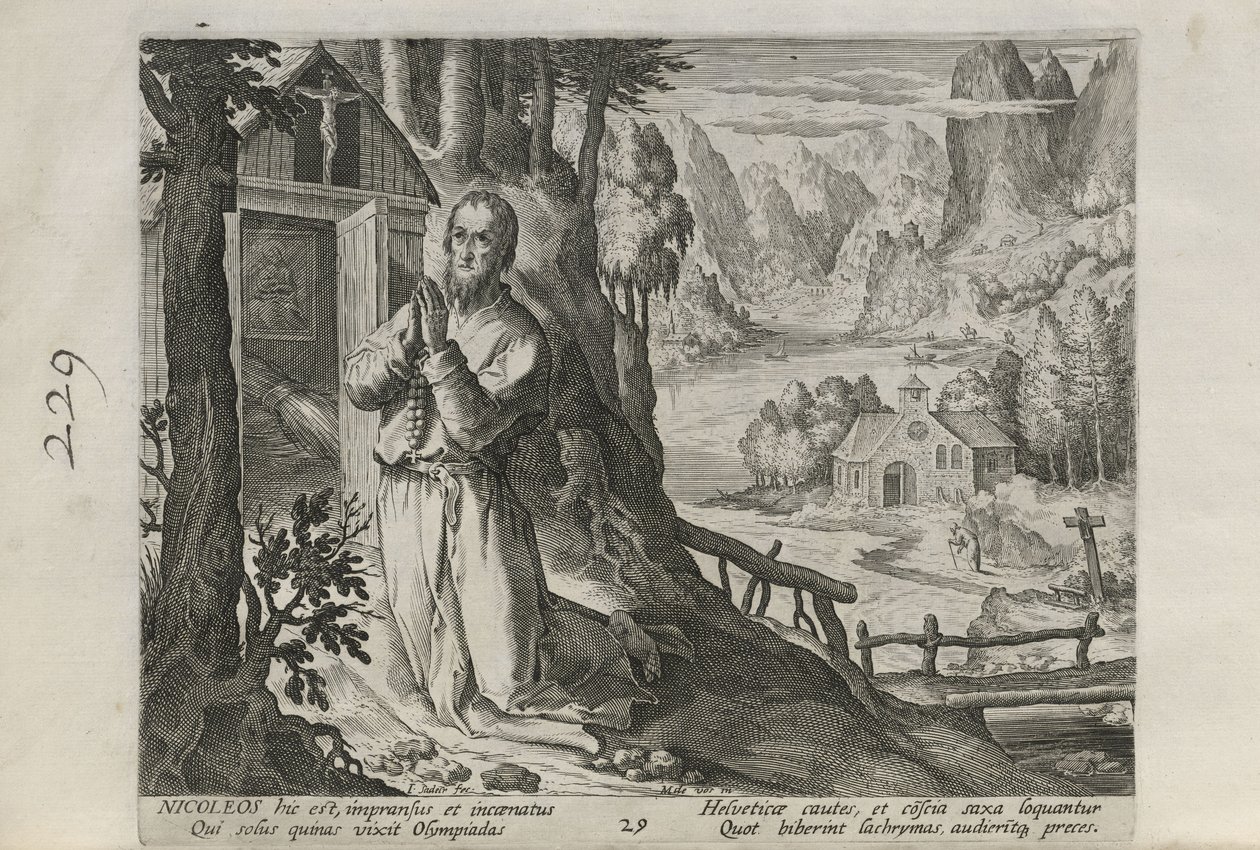 Nicoleos, tabule 29 z 30 ze série Sylvae Sacrae (Poustevníci v krajinách) od Johann Sadeler I