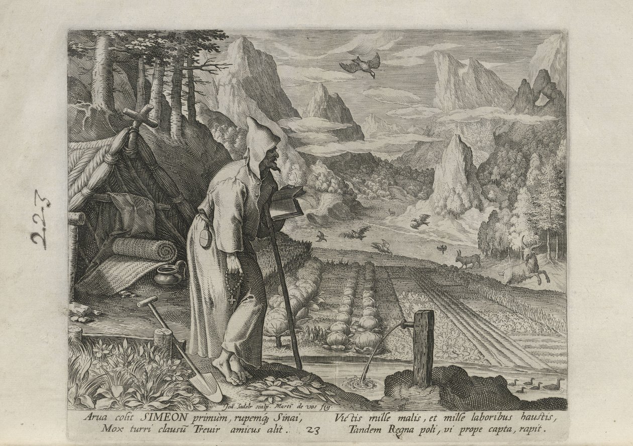 Simeon, tabule 23 z 30 ze série Sylvae Sacrae (Poustevníci v krajinách) od Johann Sadeler I