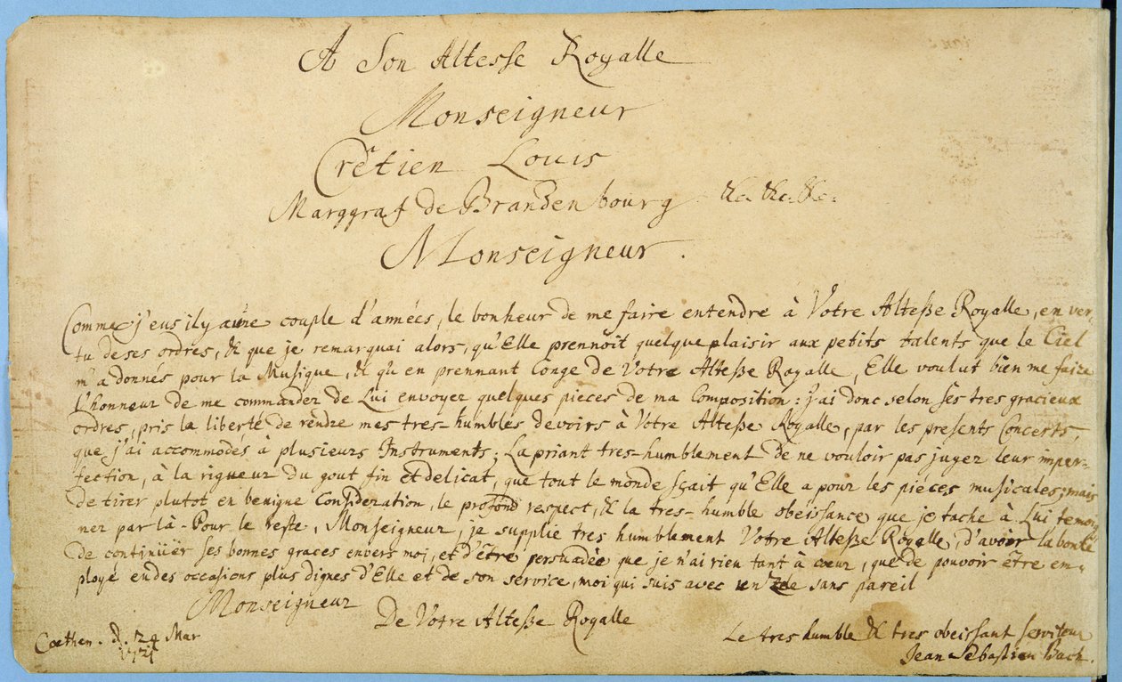 Ručně psané věnování „Brandenburger Concertos“ Christianu Ludwigovi, braniborskému markraběti 24. března 1721 (pero a inkoust na papíře) od Johann Sebastian Bach